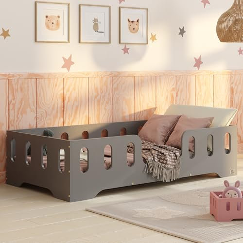 smartwood Bodenbett 80x160 Grau - Montessori Kinderbett aus Holz mit FSC-Zertifikat TILA 2 mit Rausfallschutz & Lattenrost bis 230kg belastbar - Einfache Montage