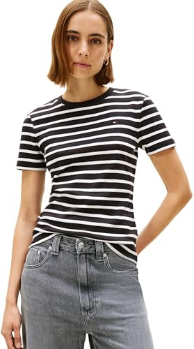 Tommy Hilfiger Damen T-Shirt Kurzarm Slim Cody Rundhalsausschnitt, Mehrfarbig (Black/Ecru STP), XL