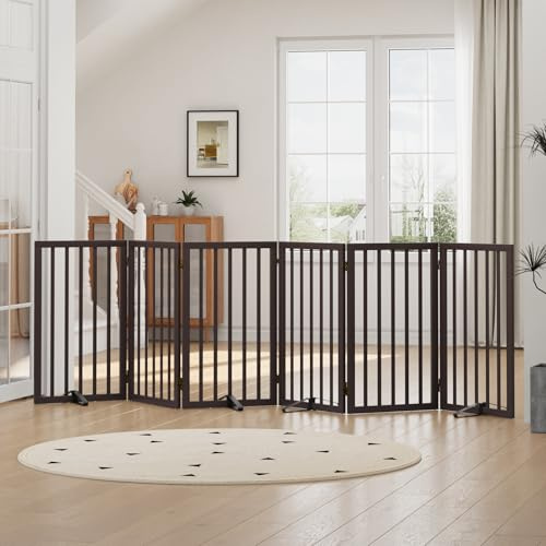 Tall Dog Gates for Doorways, Foldable Dog Gate Indoor, Freestanding Pet Gates for Doorways Bedroom, Puppy Gate with Metal Support Feet, Room Divider,6 Panels (brown)