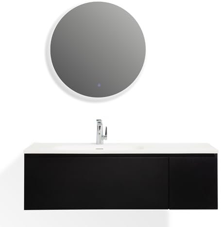 Moments of Glass Dafne – Mueble de Baño 120 cm Negro Mate con Lavabo de Resina Mineral Integrado y Espejo LED Redondo Antivaho – Diseño Minimalista