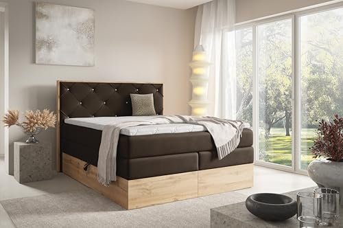FURNISTAR Echtes Boxspringbett LOFT IV Premium 180x200 mit 7-Zonen Taschenfederkern Matratze und Bettkasten - Familienbett mit Topper Stauraum Wotan Eiche Platte Polsterbett Hotelbett - Braun
