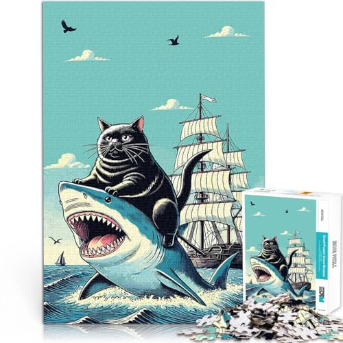 1000-Teile-Puzzle für Teenager Familienspaß Schwarze Katze reitet Hai Kunst eignet ganze Familie38x26cm