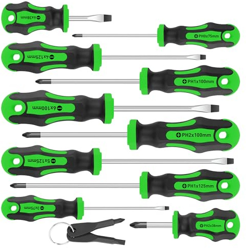 Amartisan 10-Piece Magnetic Screwdrivers Set, 5 Phillips and 5 Slotted Tips Professional Cushion Grip Screwdriver Set 2pcs Portable Multifunction Key Mini Screwdriver (Green)