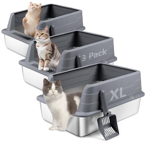 Bartuke 3 Pack Edelstahl Katzenklo, XL 22.9'' x 15'' x 10.3'' High Sided Metall Katzentoilette mit Schaufel, Anti-Splash, Nicht klebend, leicht zu reinigen (Dunkelgrau)