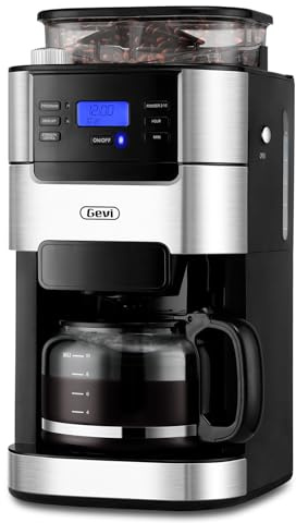 Gevi - 10 Cup Coffee Maker with Built-in Grinder, Programmable Coffee Machine with Timer, Reusable Filter, 1.5L Water Tank, Coffee Machine, Hot Plate Grinder
