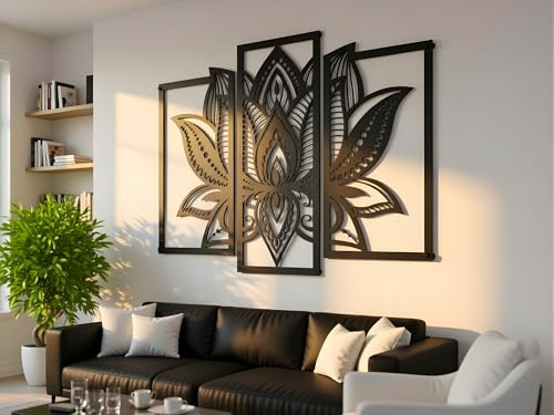 VAILLA Lotus Wanddeko aus Holz 3D – Wandbild Wohnzimmer Schlafzimmer Büro | MDF Sperrholz, Lasergeschnitten, Lotus Yoga Meditation, 5 Größen, Schwarz Silber Gold, personalisierbar, Yogaraum Eingang