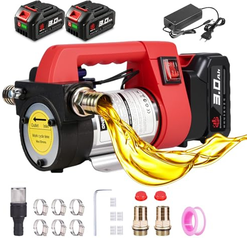 ONEVAN Pompa Diesel Elettrica 50L/min Pompa Carburante Portatile | 3-5m Altezza Aspirazione, 5-8m Altezza di Mandata, 2 Batterie 3,0Ah, Per Diesel e Cherosene, No Acqua e Benzina