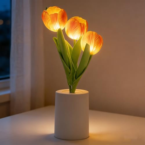 AWSOLAR Yllow Tulips Flower Lamp, Battery-Operated Tulip Night Light Tulips in a Fancy Pot