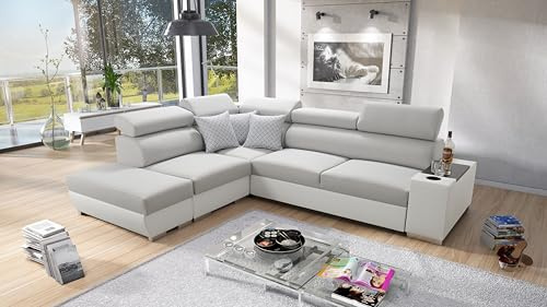 IM SOFA Eckcouch PERS VII L-Form mit Schlaffunktion und Stauraum – Modernes Ecksofa mit Bettkasten (Hellgrau Luxo + Weißes Kunstleder, Links)