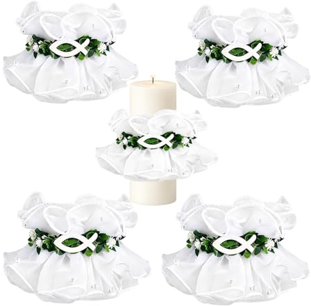 Gemejutor 4 Stück Tropfschutz für Kommunion- & Taufkerzen, Weißer Kerzenrock aus Organza mit Perlenverzierung & Fisch-Symbol, Passend für Kerzen Ø 3-6 cm, Christliche Kerzendeko
