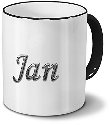printplanet Tasse mit Namen Jan - Motiv Chrom-Schriftzug - Namenstasse, Kaffeebecher, Mug, Becher, Kaffeetasse - Farbe Schwarz