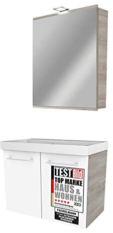 FACKELMANN Lima Badmöbel Set 3 Teile/Gussmarmor Waschbecken/Waschbeckenunterschrank mit 2 Türen/LED Spiegelschrank/Badschrank mit Soft-Close/Korpus: Braun hell/Front: Weiß/Breite: 60 cm