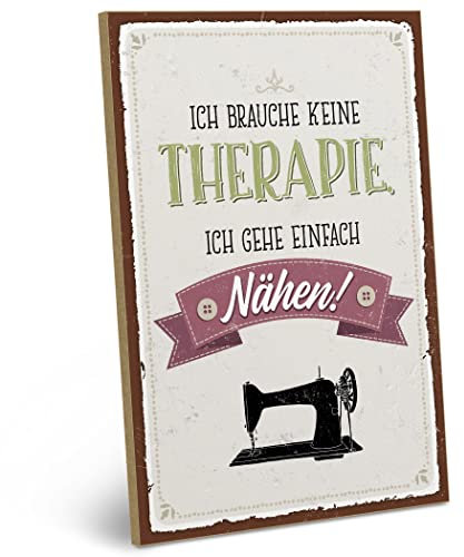 ARTFAVES® Wandbild Holzschild mit Spruch - NÄHEN IST MEINE THERAPIE - Türschild Retro Vintage Deko Bild Geschenk - Hobby, Nähen
