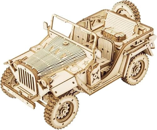 ROBOTIME Jeep-Armee Autos 3D Puzzle Holz Modellbausatz Erwachsene Selbstmontage Holzbau Mechanische Konstruktion Handwerk für Kinder, Jugendliche und Erwachsene