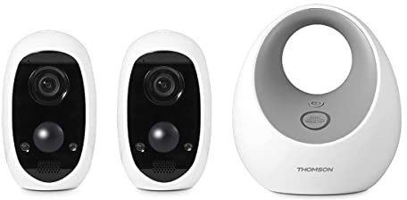 Thomson - Pack sécurité connectée sans Fil 1080p Full HD, Installation Rapide, Jusqu’à 1 an d’autonomie, Utilisation intérieur/extérieur, Détection de Mouvement/Sirène/Enregistrement Carte SD- 512504