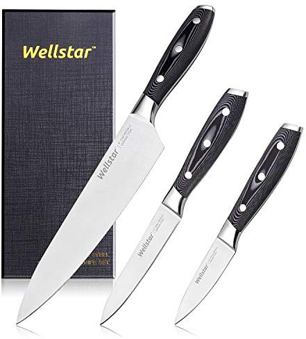 WELLSTAR Küchenmesserset 3-Teilige, Rasiermesserscharfe, aus Deutschem Stahl mit G10-Griff, Schälmesser für Chefkoch, ausgewogenes Besteckset zum Schneiden, Hacken und Würfeln - Geschenkbox