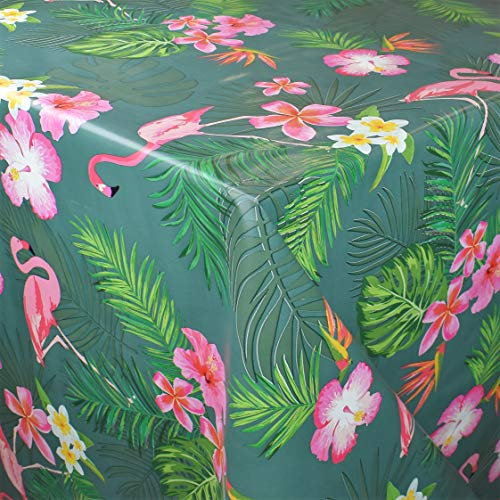 KEVKUS Wachstuch Tischdecke C144663 Flamingo Blüten Palmen Blumen auf grün wählbar in eckig rund oval (Rand: Schnittkante (ohne Einfassung), 120 cm rund)