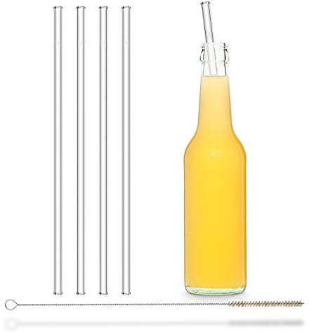 HALM Paja de vidrio - 4 piezas rectas de 27 cm de largo + cepillo de limpieza sin plástico - Apto para lavavajillas - Sostenible - Sorbetes de cristal para botellas, cantimplora