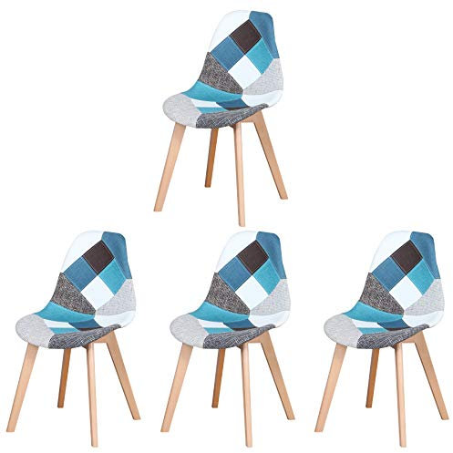 GrandCA HOME 4er Set Küchenstühlen mit Patchwork-Stoffkissen, Esszimmerstühle mit Holzmetallbeinen für Wohnzimmer,Blau