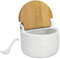 Sugar Bowl Ceramic Sugar Pot Jar Salt Cellar Condiment Pots Tea Caddy Container with Reversible Bamboo with Lids Spoon for Spice White