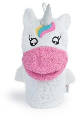 Isabelle Laurier - Gant de Toilette Amusant pour Enfant 100% Coton - Gant de Bain éponge pour bébé - Modèle Licorne, Blanc