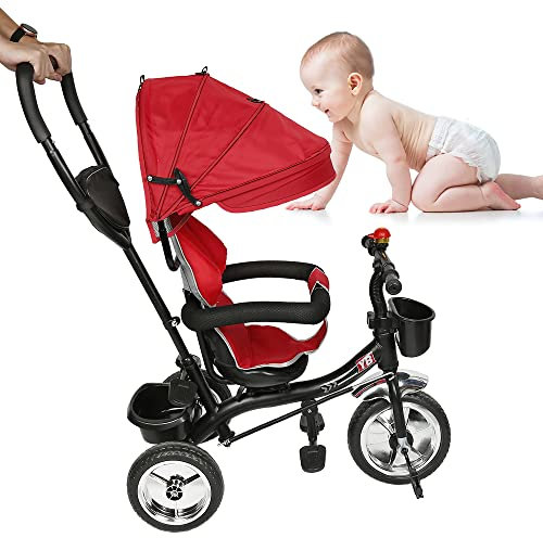 3 in 1 Evolutionäres Dreirad, Kinderdreirad für 10 Monate bis 5 Jahre, Babydreirad mit Markise und Sicherheitsgurt, Rot-schwarz