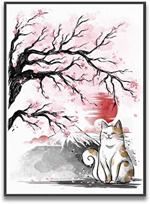Style Japonais Toile Tableau Tableaux Soleil Chat Sakura Paysage Affiche Noir et Rouge Murale Art Salon Decoration à la Maison Japonais Animal Peinture Cadeau (Pas de Cadre)