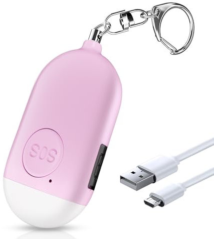 Persönlicher Alarm Schlüsselanhänger, Aufladbar Taschenalarm 130dB Laut Selbstverteidigung Sirene mit LED Lampe für Frauen Kinder Mädchen und ältere Menschen Rosa