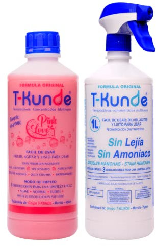 T-Kunde Detergente Desengrasante Concentrado Multiusos Aroma Pink (Flores y frutos dulces) 1 litro + Botella Pulverizadora