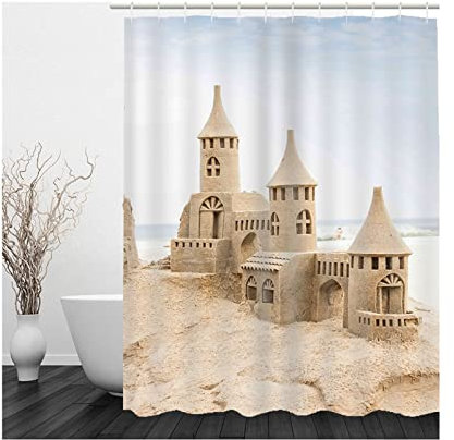 Whoiy Badewannenvorhang Blau, Duschrollo Um Die Ecke 165X200cm Polyester Bath Curtains Sandgebäude Waschbar Wasserdicht