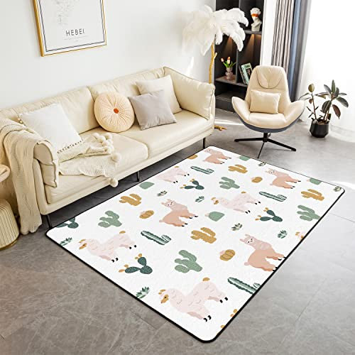 Loussiesd Netter Lama Bereich Teppich 100x150cm Karikatur Lama Alpaka Kaktus Akzent Teppich Dekorative Teppiche für Sofa Schlafzimmer Auto Reversible 3D Tier Thema Boho Succulent Indoor Bodenmatte