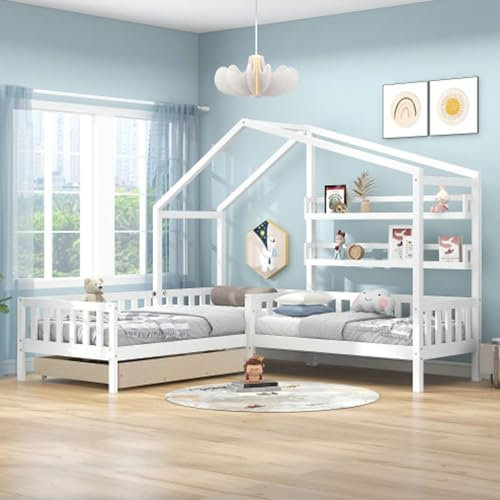 Tcewhhy Kinderbett 90x200 cm+140x70cm Hausbett Mit Schubladen Und Regalen Bodenbett L-Struktur Massivholz Mit Absturzsicherung Und Lattenrost Holzbett Für Kinder Jugendliche Weiß