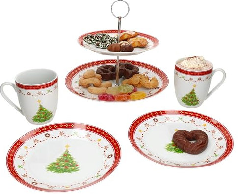 MamboCat 5tlg Weihnachtstraum Frühstücks-Set Etagere I 2 Personen I 1x 2-stöckige Etagere, 2X Kaffeebecher 340ml & 2X Frühstücksteller aus Porzellan I Glühweintasse, Kuchenteller für Weihnachten