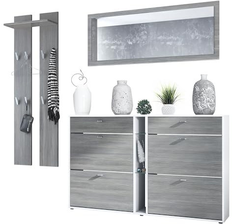 Vladon Garderoben-Set Orlando mit Schuhschrank, Made in Germany, Wandpaneel und Wandspiegel, Weiß matt/Avola-Anthrazit