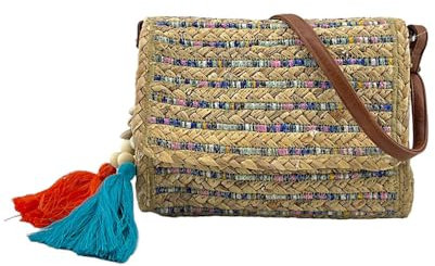 MODELISA - Bolso Bandolera Rafia Paja Solapa Borla Con Abalorios Playa Mujer (Azul)