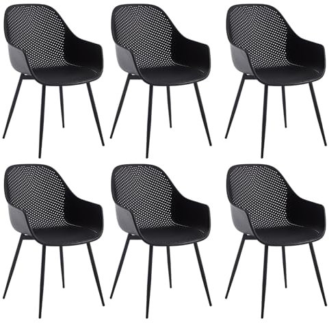 Klihome Esszimmerstühle 6 er Set, Armlehnstuhl mit hohler Rückenlehne, Design Stuhl Küchenstuhl Schalenstuhl mit Metallbeinen, Wohnzimmerstuhl Gartenstuhl, aus PP, Schwarz, K0020EZS-6