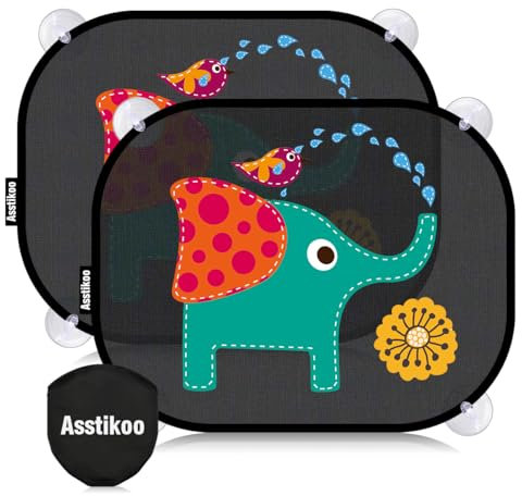 Asstikoo Car Window Shades for Baby with UV Protection, Baby Car Sun Shade, Sun Visor for car, Sun Shade for Kids with Cute Animal Motifs, Sun Screen for Car Window Baby,45 x 35.5 cm, Set of 2