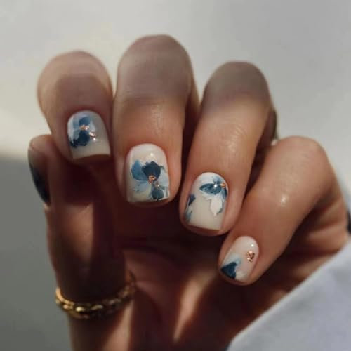 JUSTOTRY Lot de 24 faux ongles à coller - Motif floral bleu - Courts, laiteux et carrés - À presser - Motif uni - Faux ongles moyens - French Square - Pour femme