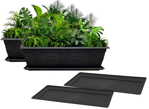 VR7 60cm Long Garden Planters with Trays - 2 Pack Durable Plastic Trough for Raised Window Planting - Ideal for Flowers, Herbs, and Vegetables (Black, Including Trays)