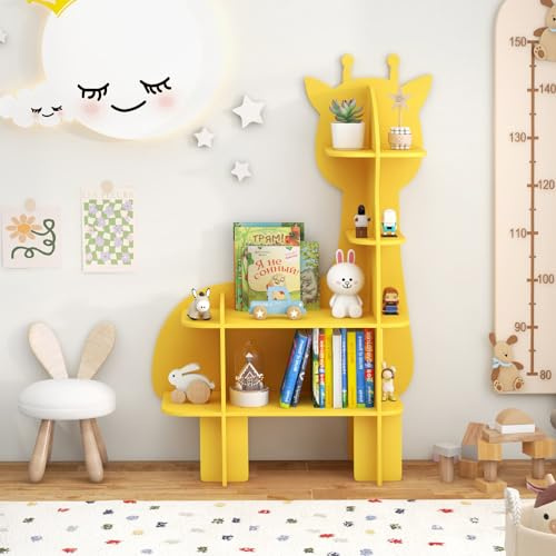 COSTWAY Children Bookcase, Cute Toy Storage Unit with Open Shelves, Wooden Toddler Bookshelf Organizer for Kids Room, Play Room, Nursery (Giraffe)