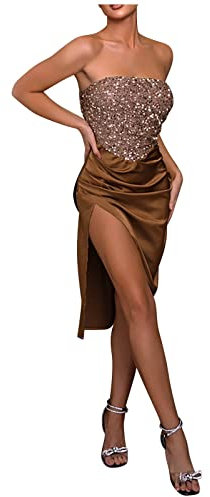 Damen Sexy Tube Top Temperament High Slit Solid Color Pailletten Abendkleid Pullover Retro (Coffee, XS)