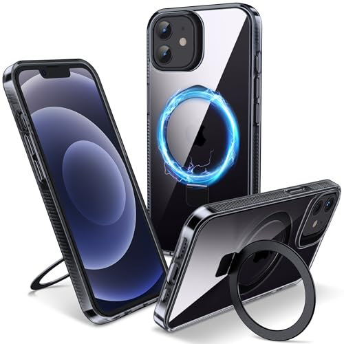 Flyzoo Magnetisch Ständer Hülle für iPhone 12/12 Pro - [Unsichtbarer Ständer] [Kompatibel mit MagSafe] [Vergilbungsfrei & rutschfest] Stoßfest Durchsichtig Handyhülle, 6.1'', Clear Schwarz