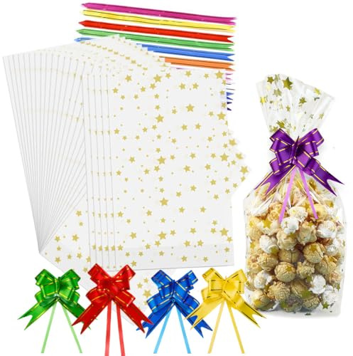 Bmeigo 100PCS Clear Cellophane Bags with Pull Bows, 5 x 8 Treat Bags Flat OPP Bag Plastic Party Gift Cello Bag for Sweet Candy Cookie Bakery Packaging, Christmas Halloween Birthday Wedding(Star)