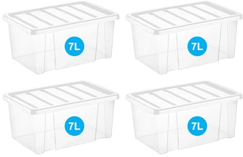 RelianceUK Plastic Storage Boxes with Lids 4 X 7L Box with Lid | Home Office Kitchen BPA Free Small Storage Containers Heavy Duty Nestable Stackable Multipurpose Tubs (7 Litre / 4 Pack)