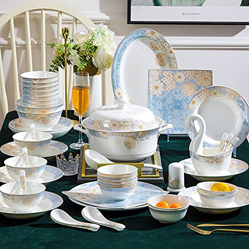 IUBGFTO 58-teiliges Tafelservice aus Bone China mit Porzellantellern und Schüsseln, glasiertes Ceramica-Geschirrset für die Küche/Essservice für 5–8 Personen