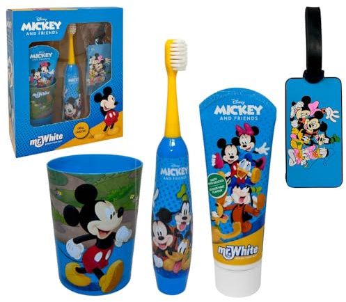 Zahnpflege-Zubehör-Set für Kinder, Disney Micky Maus, 4 Stück, leuchtende Zahnbürste, Zahnpasta, Glas, Koffer-Etikett