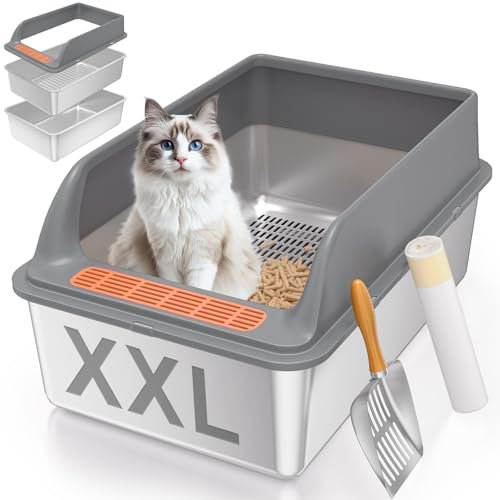 Stainless Steel Sifting Litter Box with Lid, XXL Extra Large Sifting Cat Litter Box for Pine Pellets & Big Cats,Metal Pellet Sifter Litter Pan System for Odor Control,Sifting Box Liners & Scoop