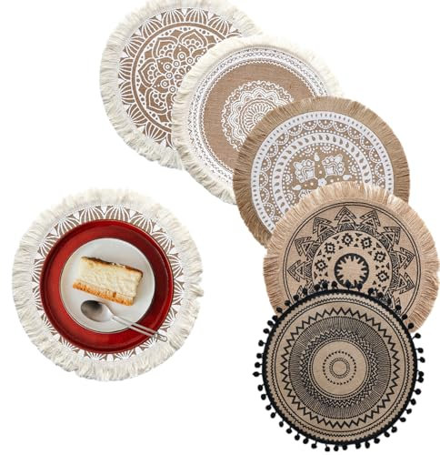 Boho Round Placemats Set of 5, 13 Inch Woven Boho Table Plate Mats Dining Table Insulation Mats for Wedding Christmas Thanksgiving Day.