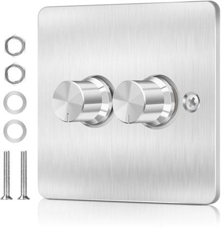 VIPMOON 5-200W LED Dimmer Switch for LED/Incandescent/Halogen Light, 2 Gang 2 Way Trailing Edge Double Dimmer Switch, Push On/Off Rotary Dimming (Silvery)