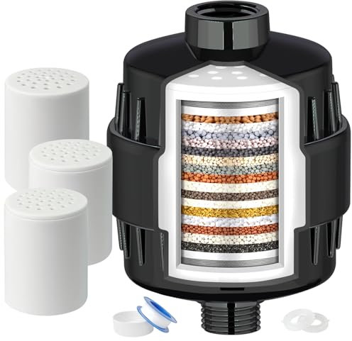 20-stage shower head filter for hard water with 3 cartridges, high-performance shower water filter for removing chlorine, fluoride and other impurities, improves skin condition, protects the